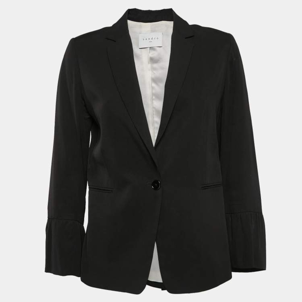 SANDRO 36 Black Wool Blazer Jacket with Ruffle Peplum Sleeves